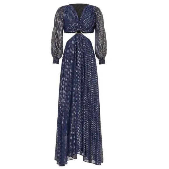 Delfi Collective Cerise Cutout Navy Blue Metallic Gold Dotted Gown Dress S - Picture 7 of 11